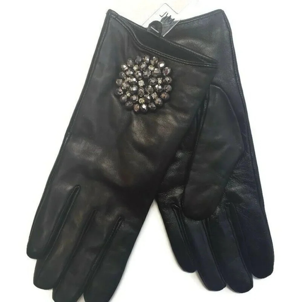 Leather Tech Touch Screen Gloves with Broach Womens XS/S Black Winter